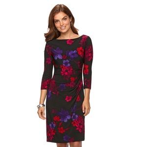 Black Floral Sheath Dress with Red & Purple Blooms